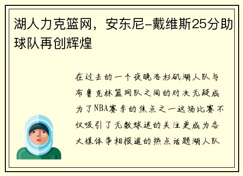 湖人力克篮网，安东尼-戴维斯25分助球队再创辉煌